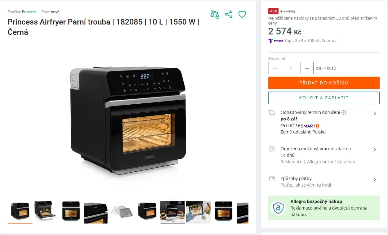 Horkovzdušná fritéza Princess 8 prg, 10 litrů