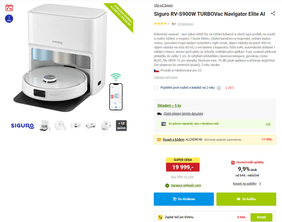 Robot vysavač/mop/stanice Siguro AI, kamera