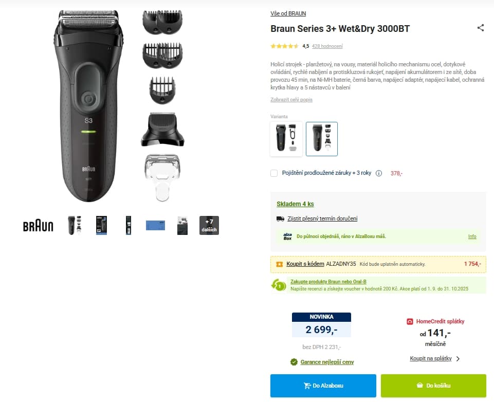 Holící strojek Braun 3+ Wet&Dry 3000BT