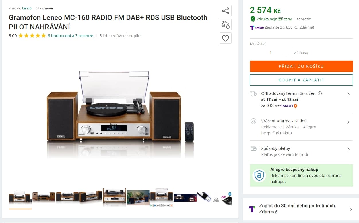 Hi-fi stereo, gramofon, BT, USB Lenco, DAB+
