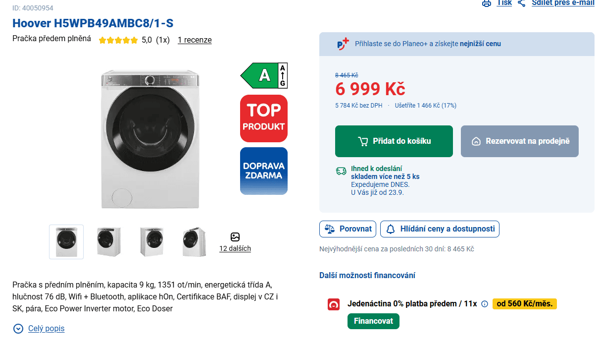 Parní pračka Hoover 9kg, 1400 ot., Wifi, BT