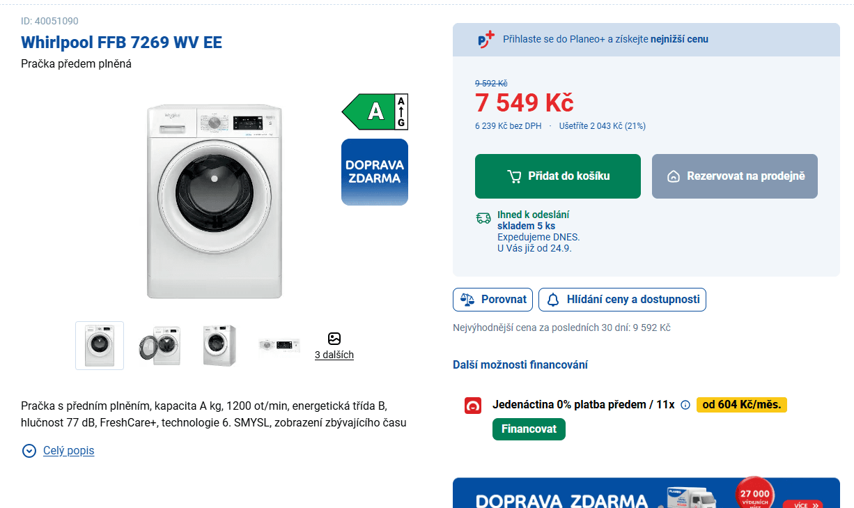 Parní pračka Whirlpool 7kg, 1200ot., A