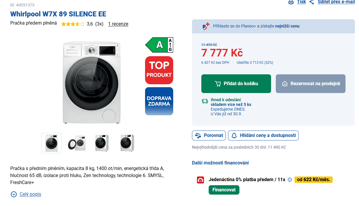 Parní pračka Whirlpool 8kg, 1400ot., A