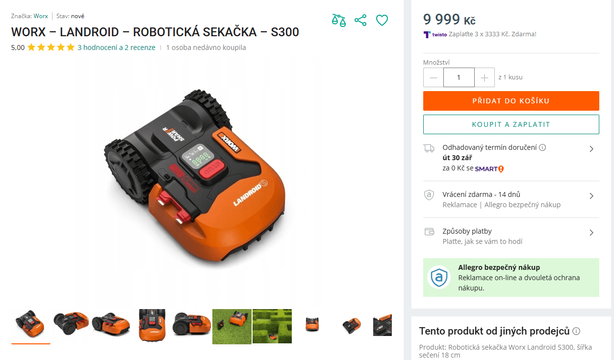 Robotická sekačka Worx Garden 300m