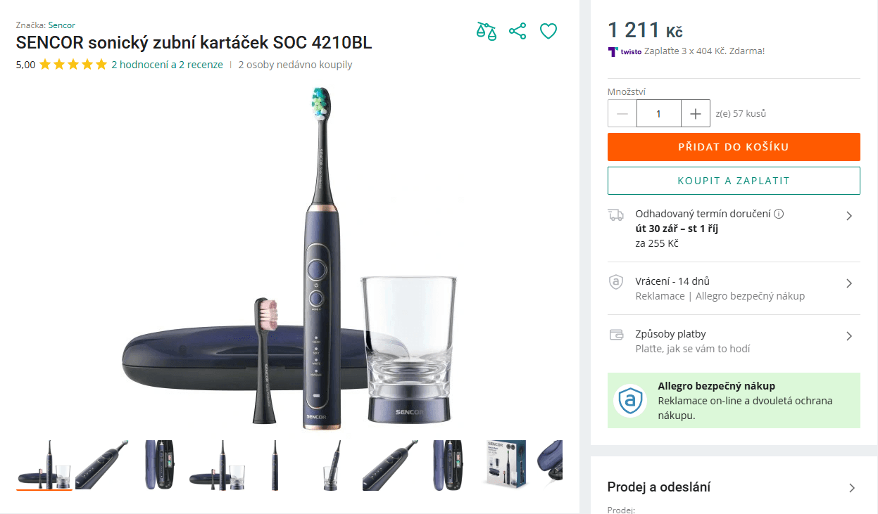 El. sonický kartáček Sencor, UV steril, 4 prg