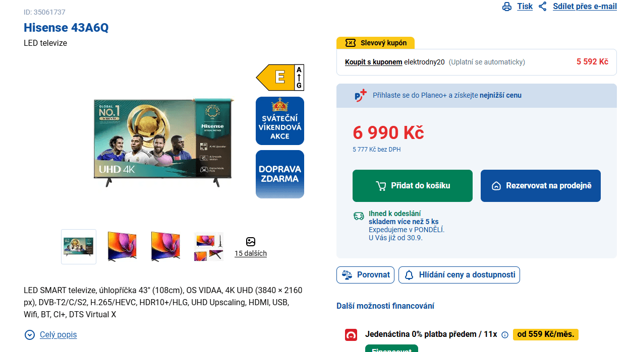 4K Smart TV, 108 cm, Hisense