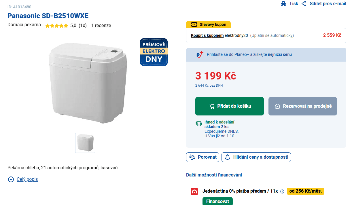 Domácí pekárna Panasonic 650 gr, 21 prg