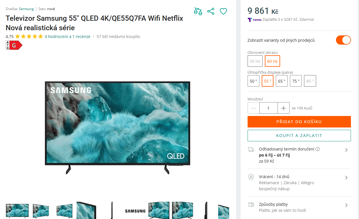 4K QLED TV, 139 cm, Samsung