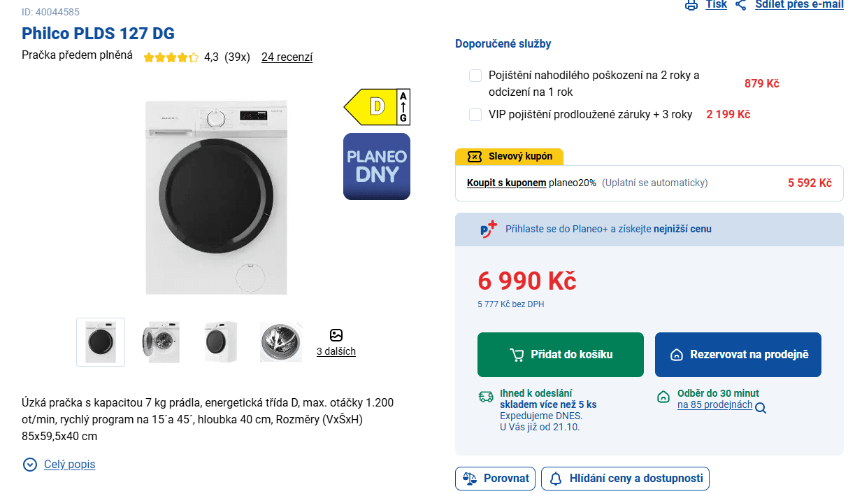 Pračka Philco, 7kg, 1200 ot., 40 cm