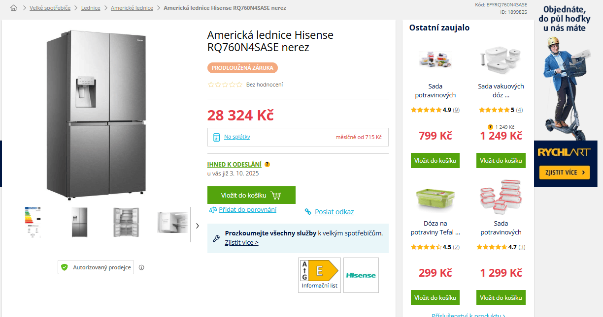 Am. lednice Hisense, led, voda, Wifi, TNF, 179cm