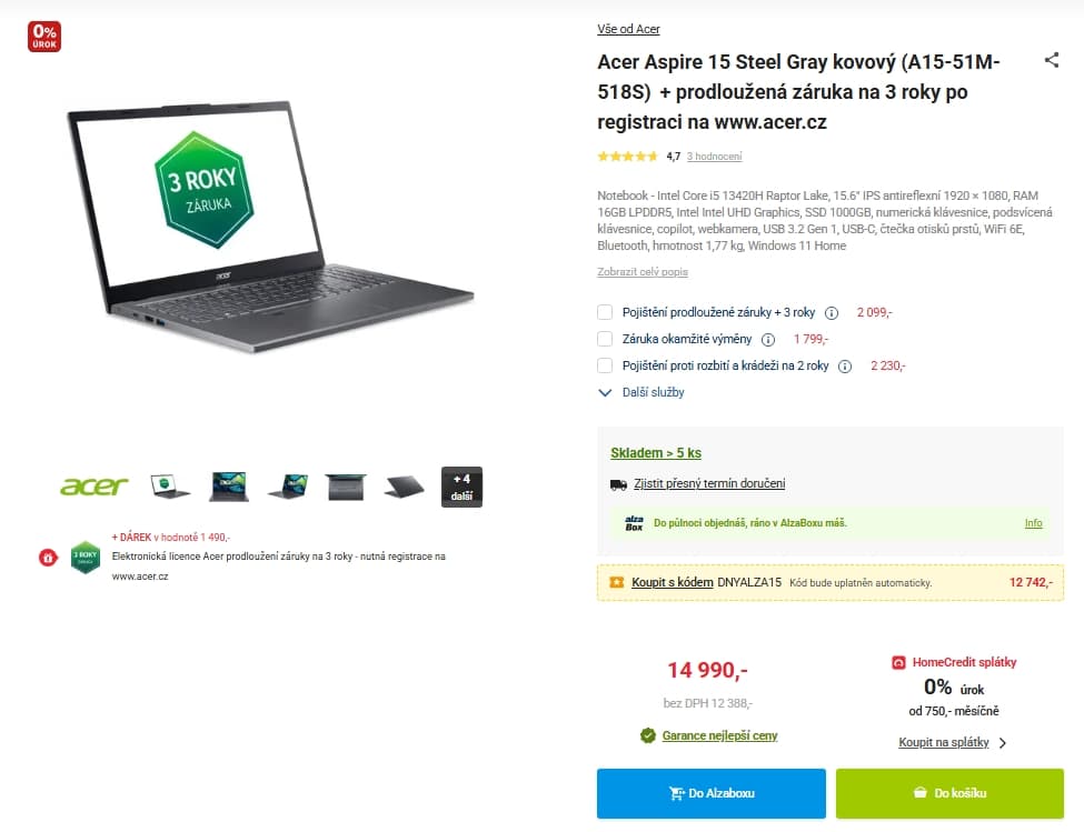 Acer i5 4,6GHz, 16/1000GB, 15,6"