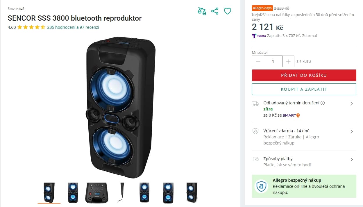 BT reproduktor Sencor, 60W, LED světla
