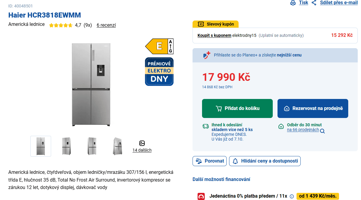 Americká lednice Haier, voda, 182cm