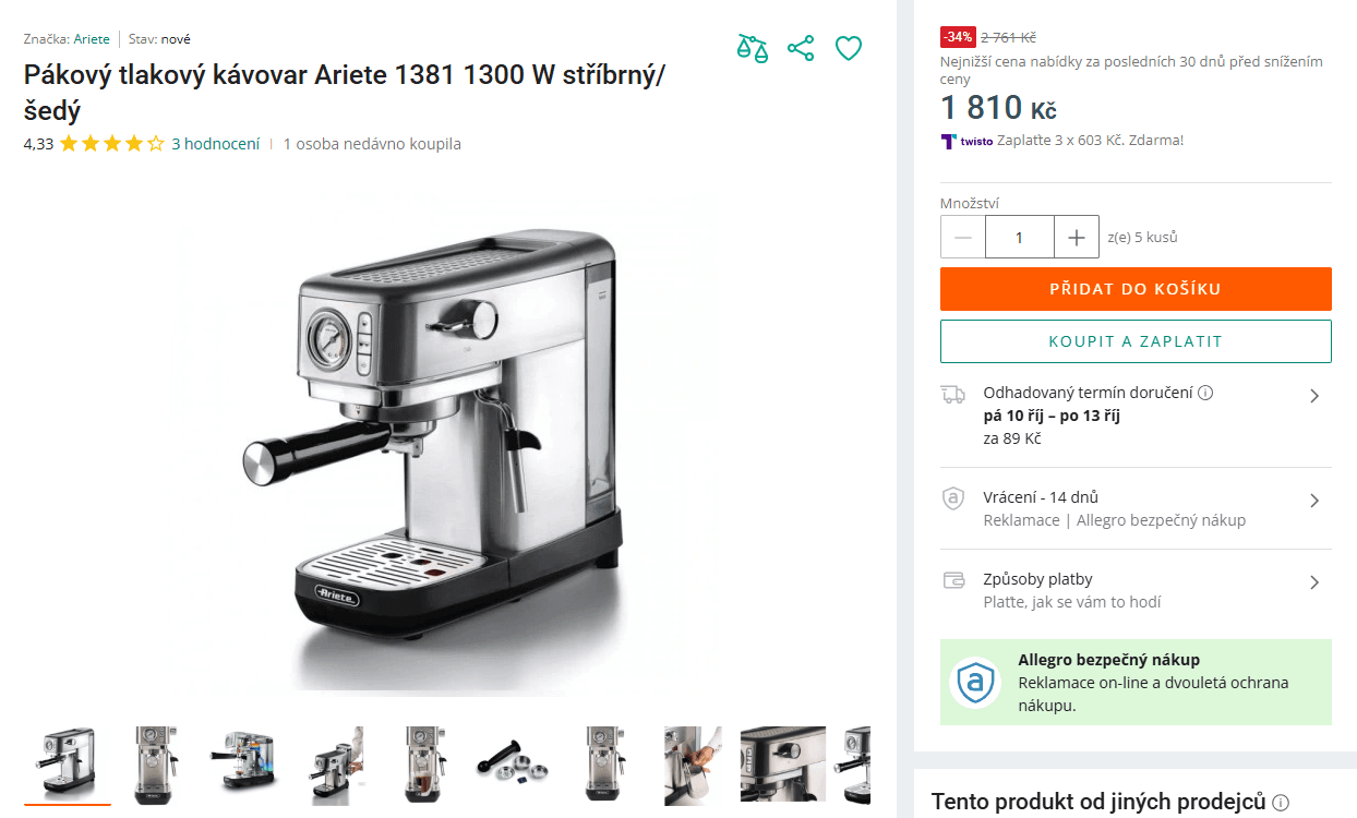Pákový kávovar Ariete, voda, kapsle, mletá káva