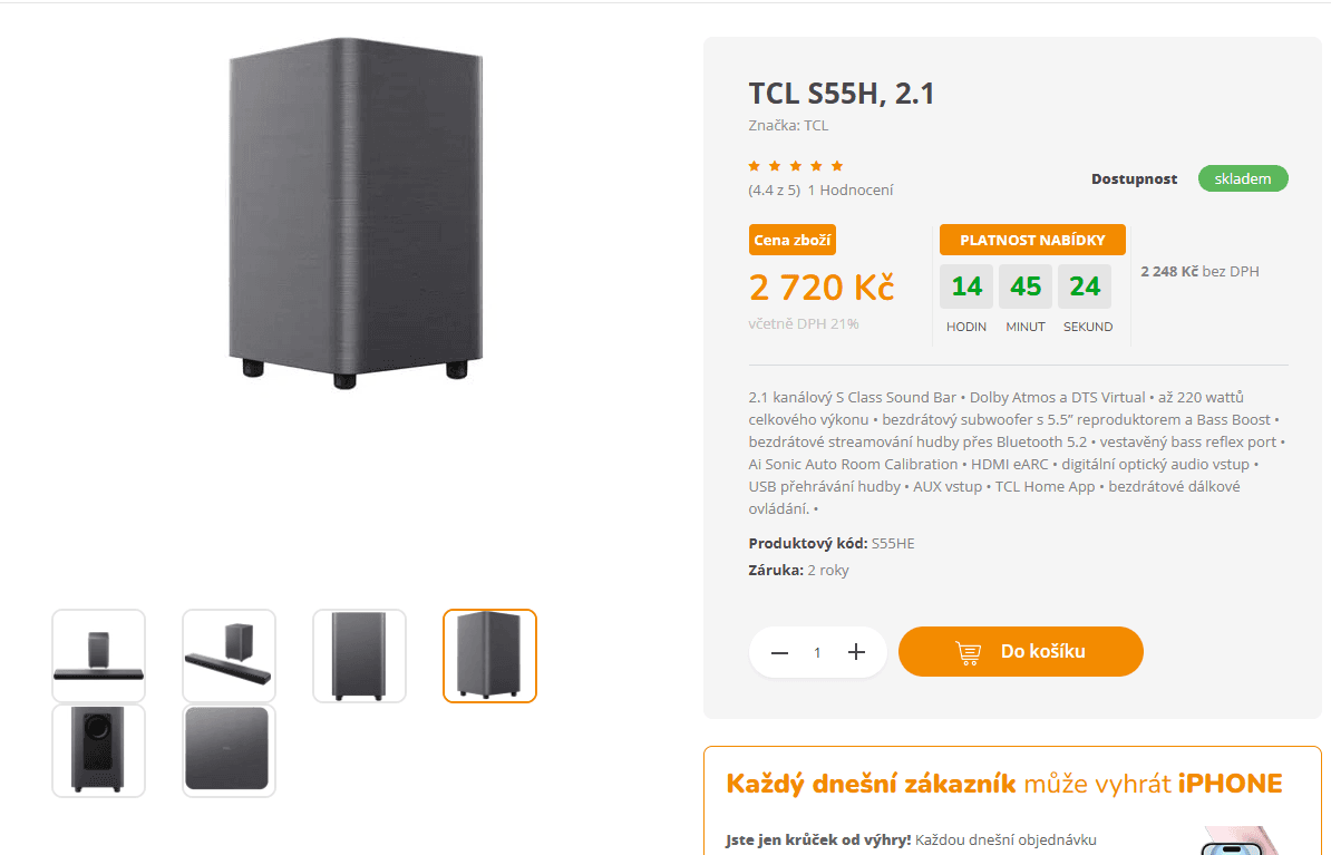2.1 soundbar TCL, 220 W, subwoofer