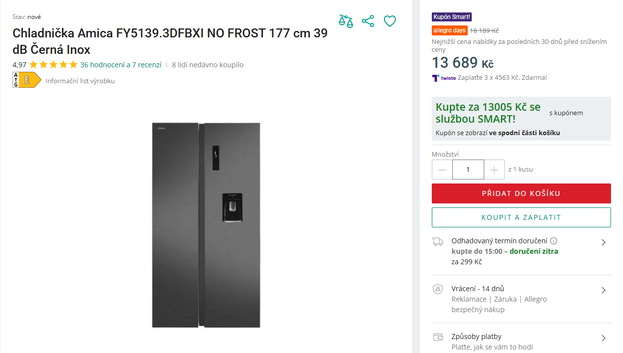Americká lednice Amica, led, voda, 177cm