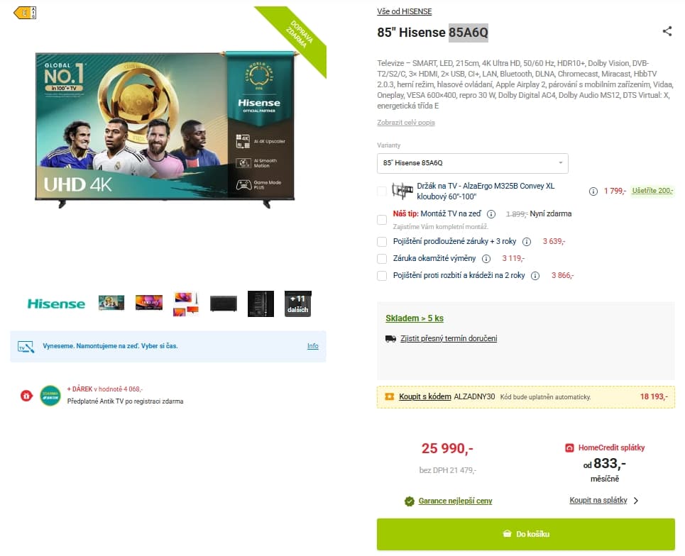 4K Smart TV, 215 cm, Hisense