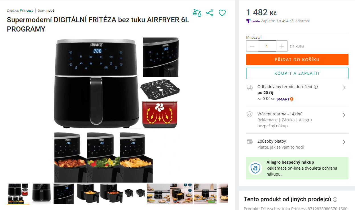 Horkovzdušná fritéza Princess 6 l., 6 prg