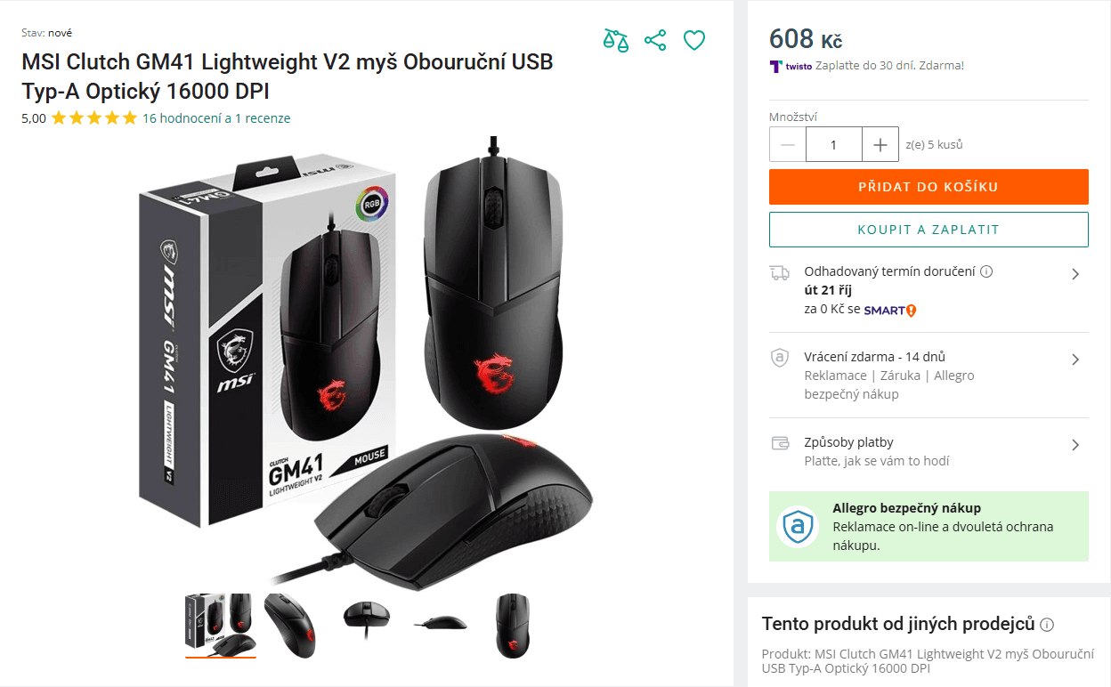 Herní myš MSI Clutch, RGB