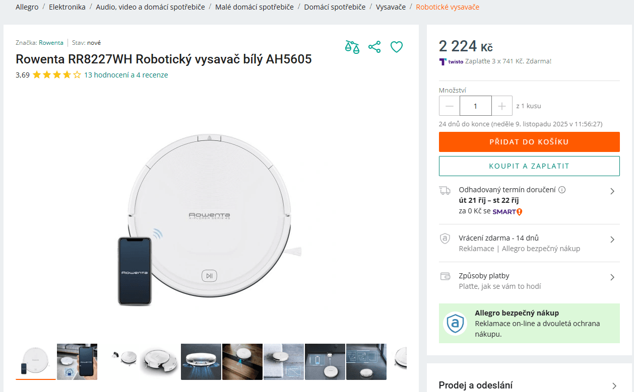 Robotický vysavač Rowenta, 0,44 l, 150 min