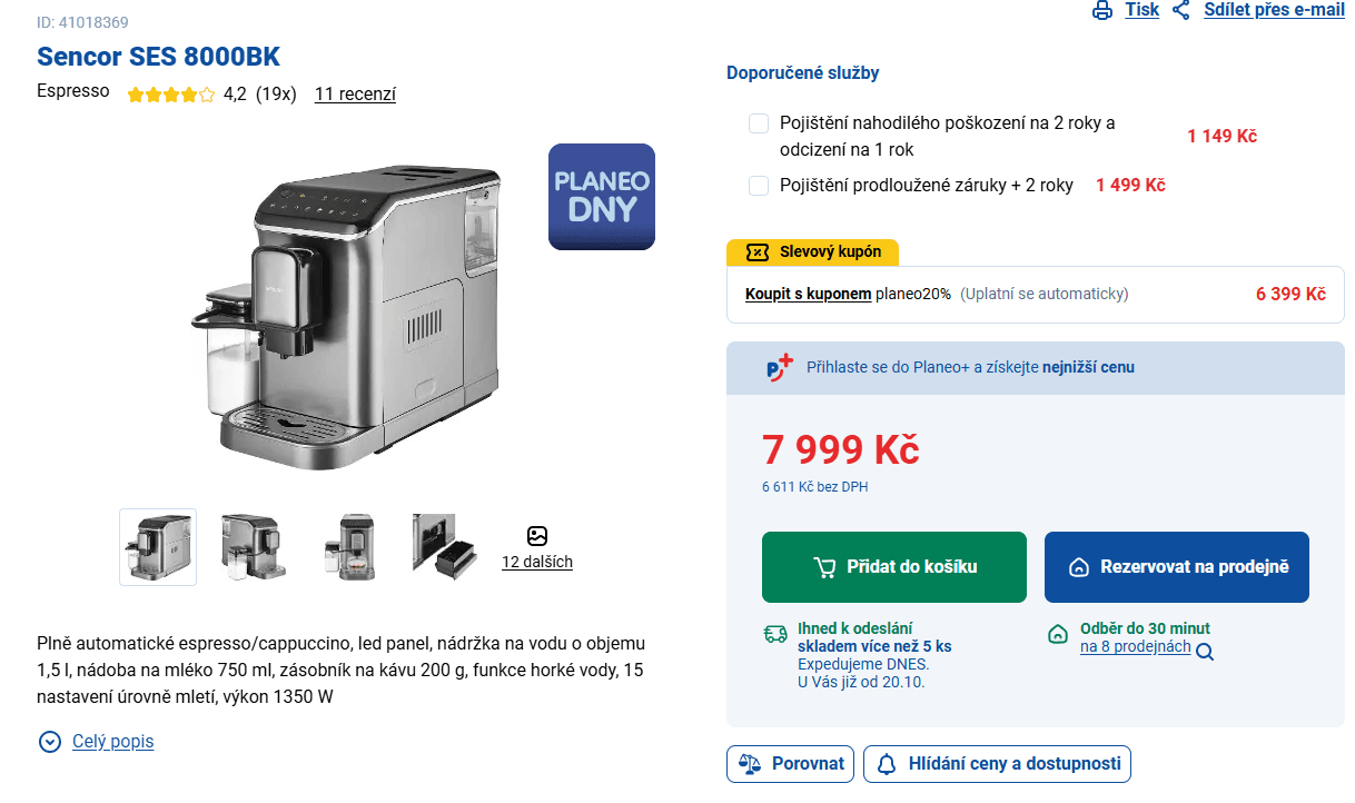 Automat kávovar Sencor 20 bar, mléčný systém