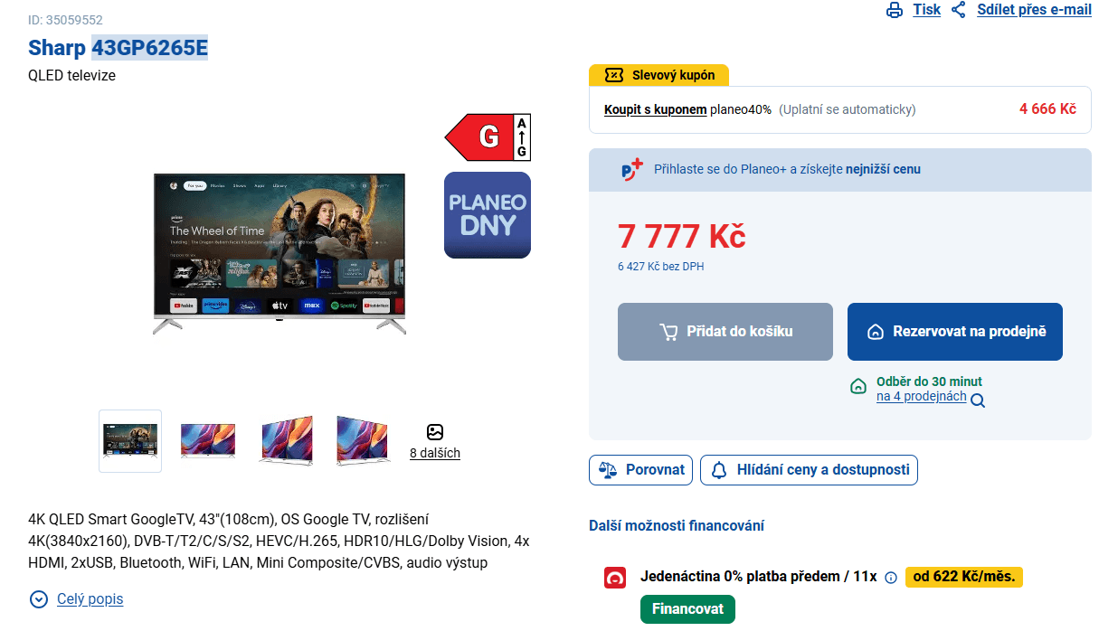 4K QLED Google TV, 108 cm, Sharp
