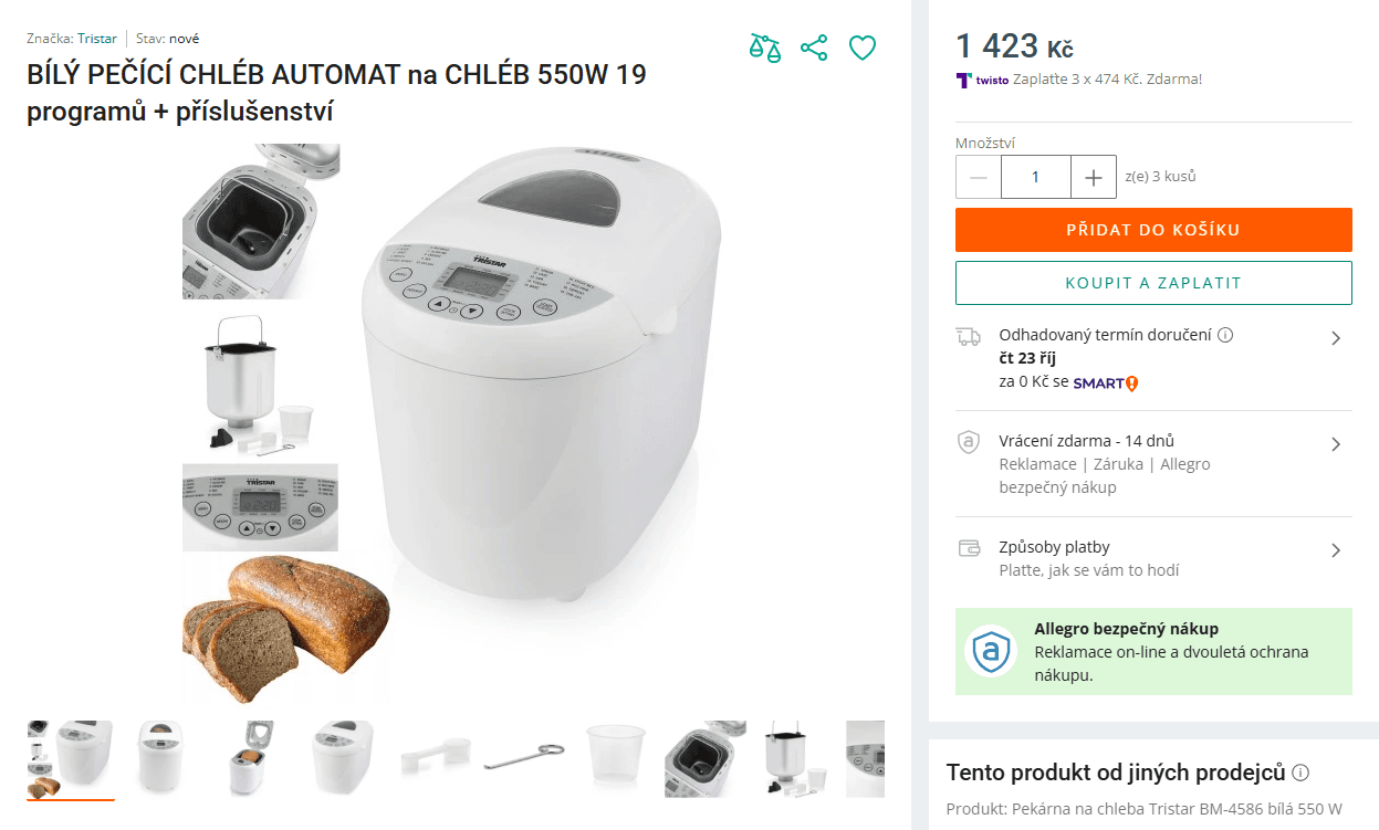 Domácí pekárna Tristar, 19 prg, 1 kg