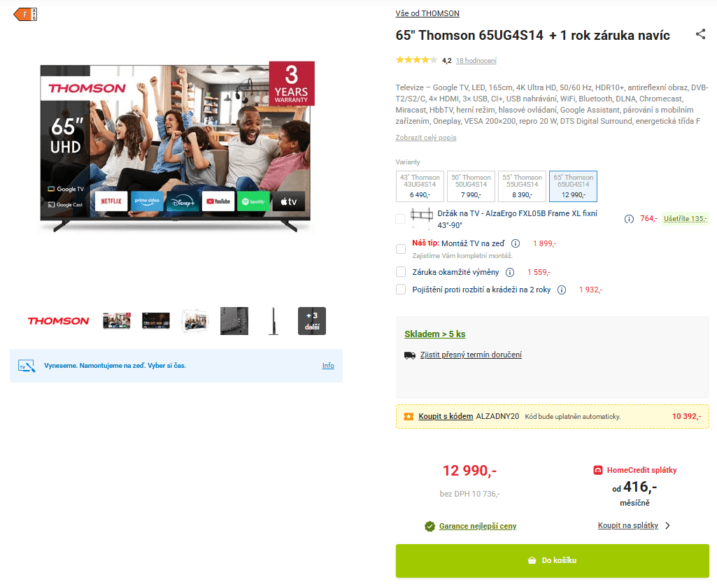 4K Google TV, 165cm, Thomson