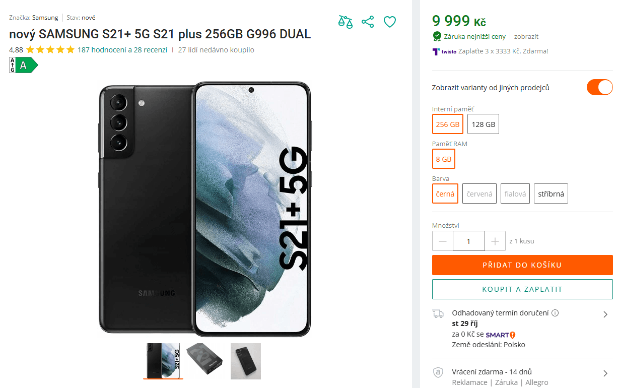 Samsung S21+ 8x 2,9GHz, 8/256GB, 6,7"