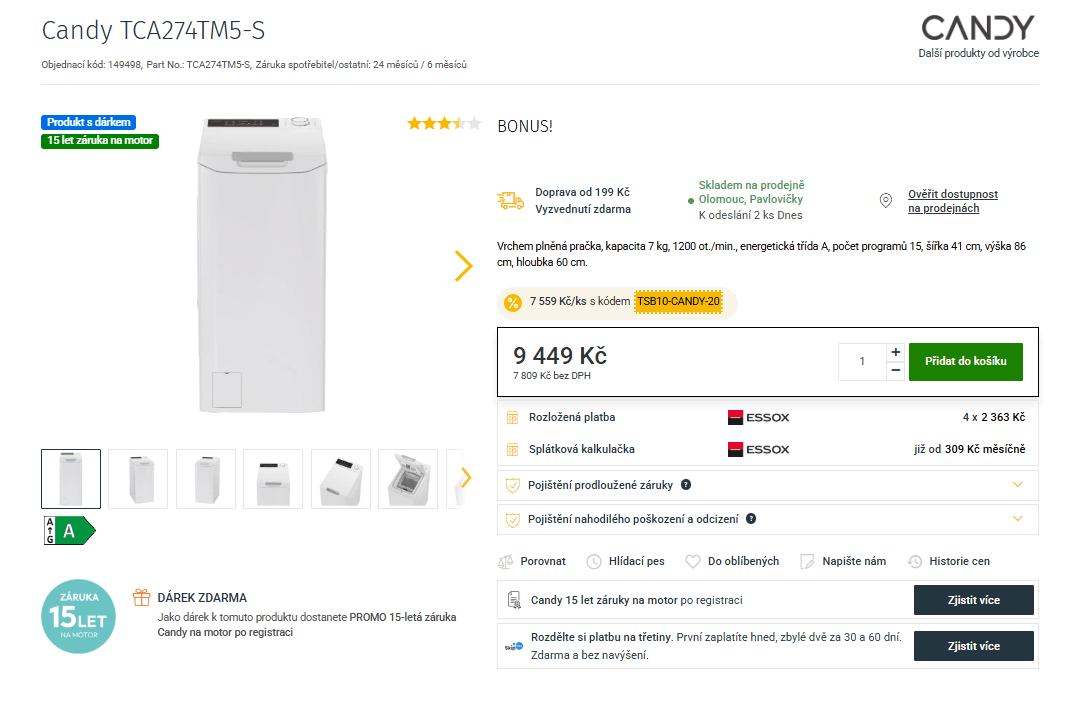 Pračka Candy 7kg, 1200ot., A, Wifi