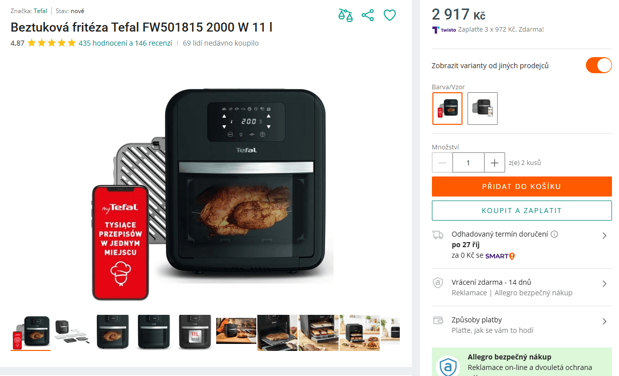 Horkovzdušná fritéza Tefal, 11 l., 8 prg, 