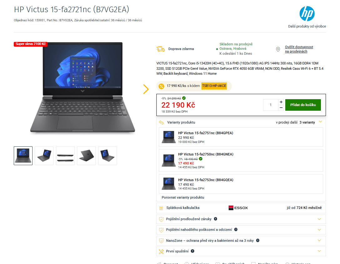 HP i5 4,6 GHz, 16/512 GB, 6GB Nvidia, 15,6"