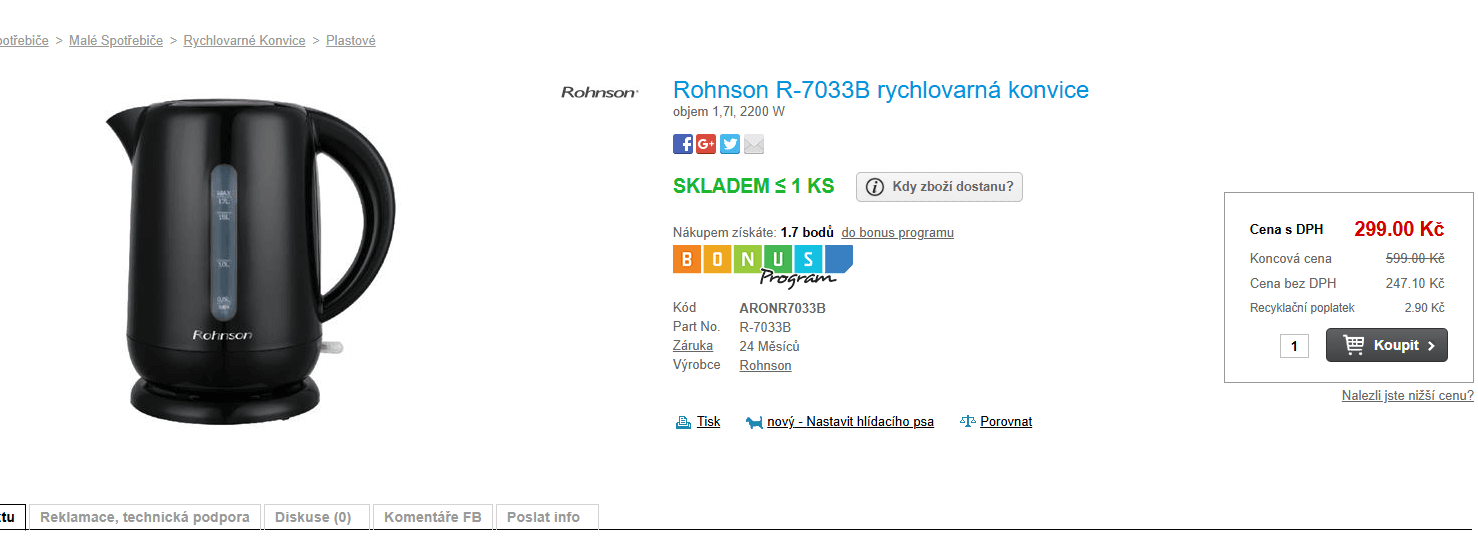 Rychlovarná konvice Rohnson 1,7 l.