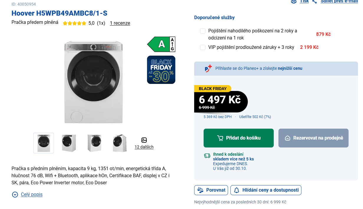 Parní pračka Hoover 9kg, 1400 ot., Wifi, BT