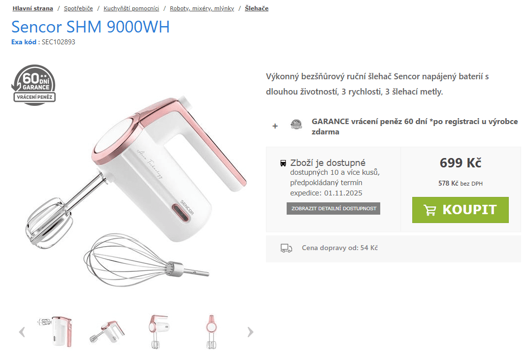 Aku šlehač Sencor, 3 rychlosti, 2 nástavce