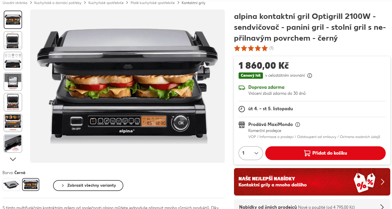 El. kontaktní gril Alpina 8 prg, 32x25 cm