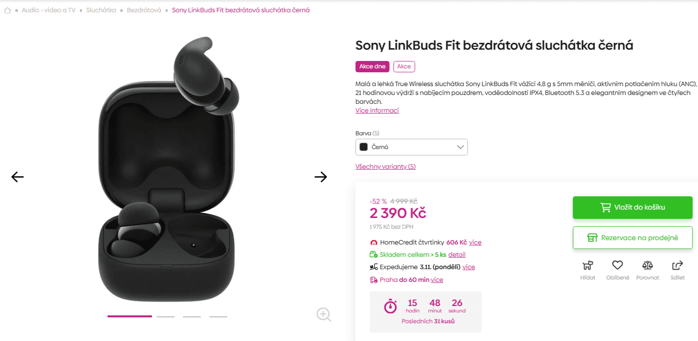 BT sluchátka SONY, ANC, TWS, 21 hodin