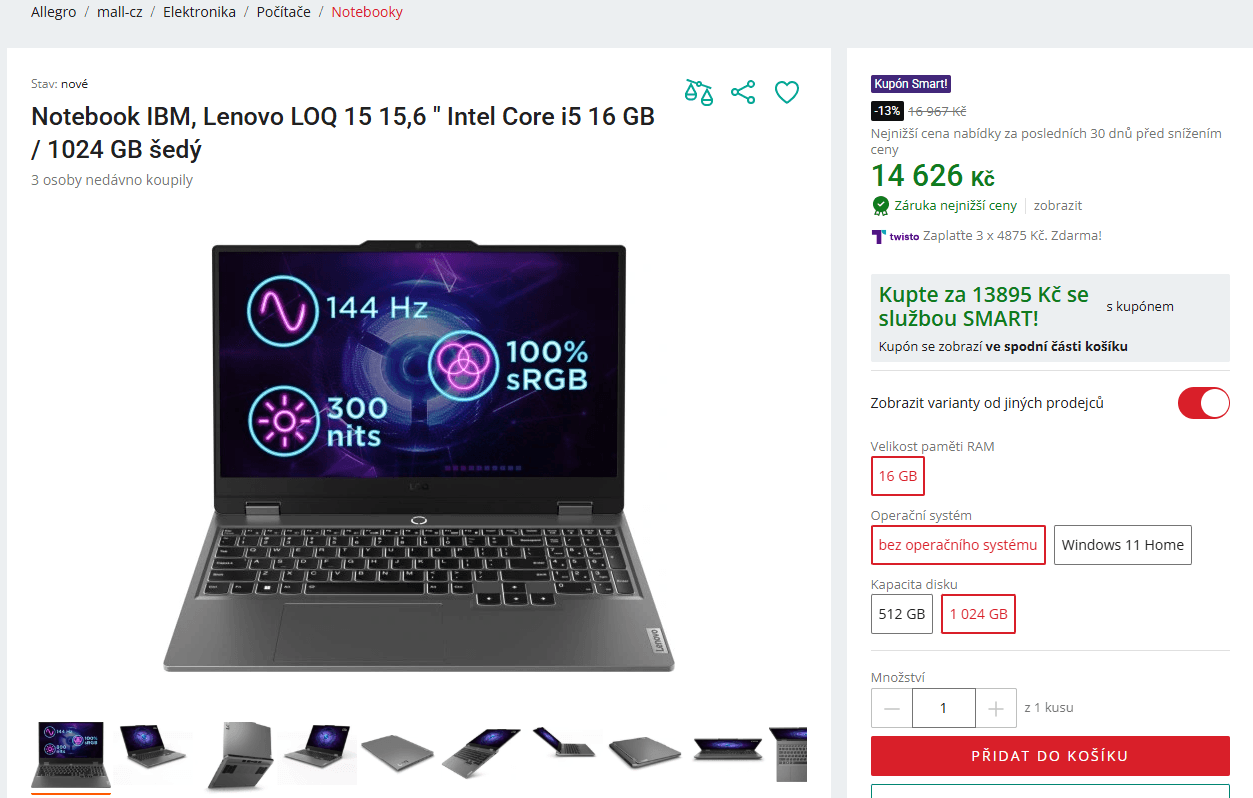 Lenovo i5 4,4GHz, 16/1000GB, 6GB Nvidia, 15,6"