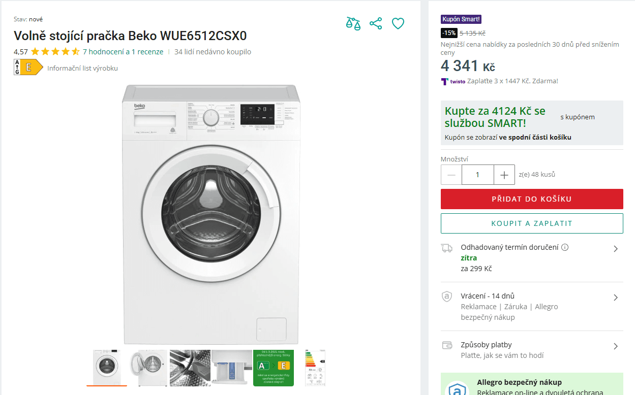 Pračka Beko 6 kg, 1000ot., 15 prg