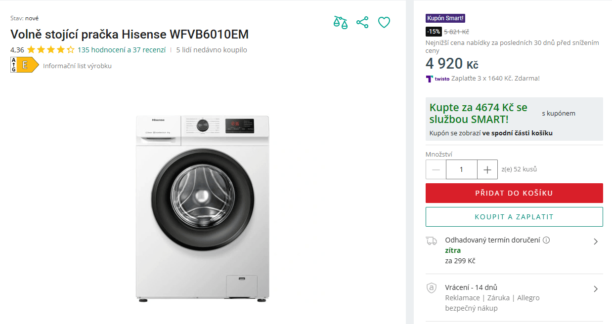 Pračka Hisense, 6kg, 1000ot., H 46cm