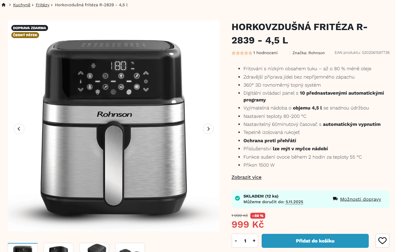 Horkovzdušná fritéza Rohnson, 4,5 l, 1500W
