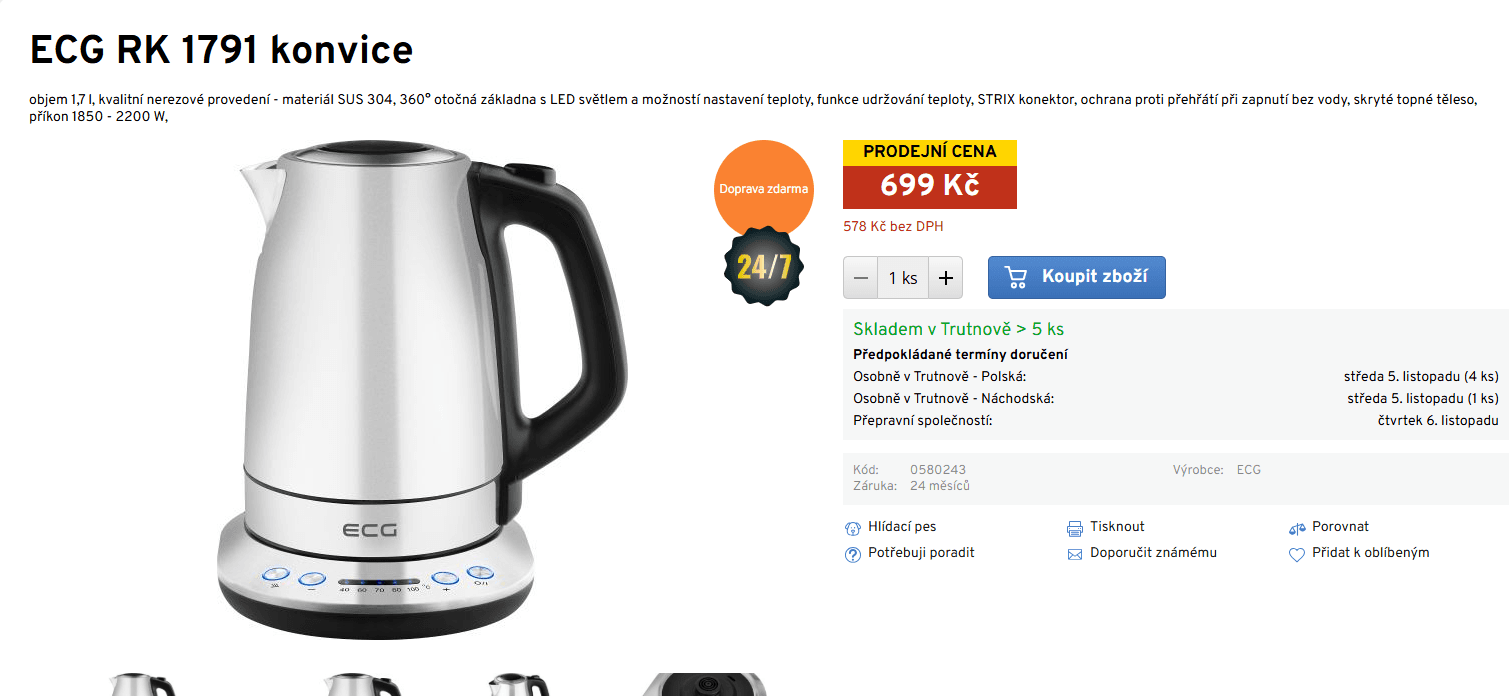 Rychlovarná konvice ECG 1,7 l., teploty