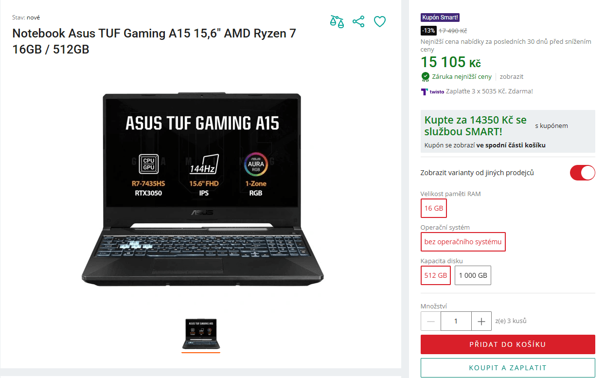 Asus 4,5 GHz, 16/512GB, 4 GB Nvidia, 15,6"