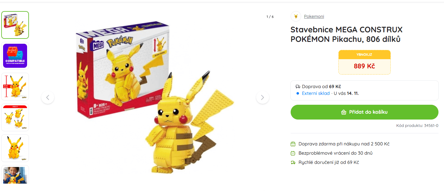 Stavebnice Pokémon Pikachu - 30,48 cm, 800 dílků