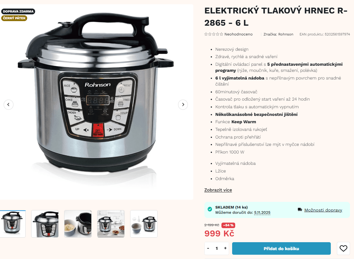 El. tlakový hrnec Rohnson 6l.