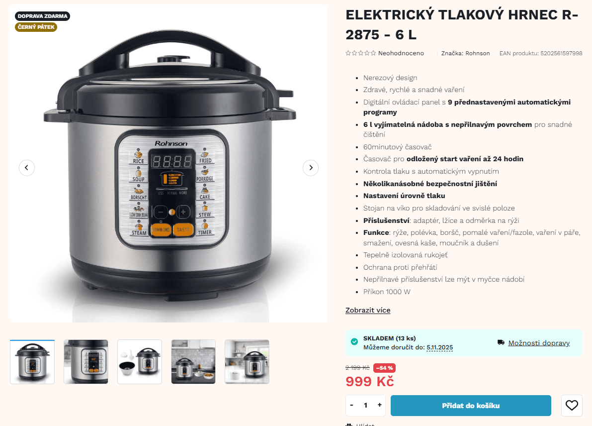 El. tlakový hrnec Rohnson 6l., 9 prg, slow cooker