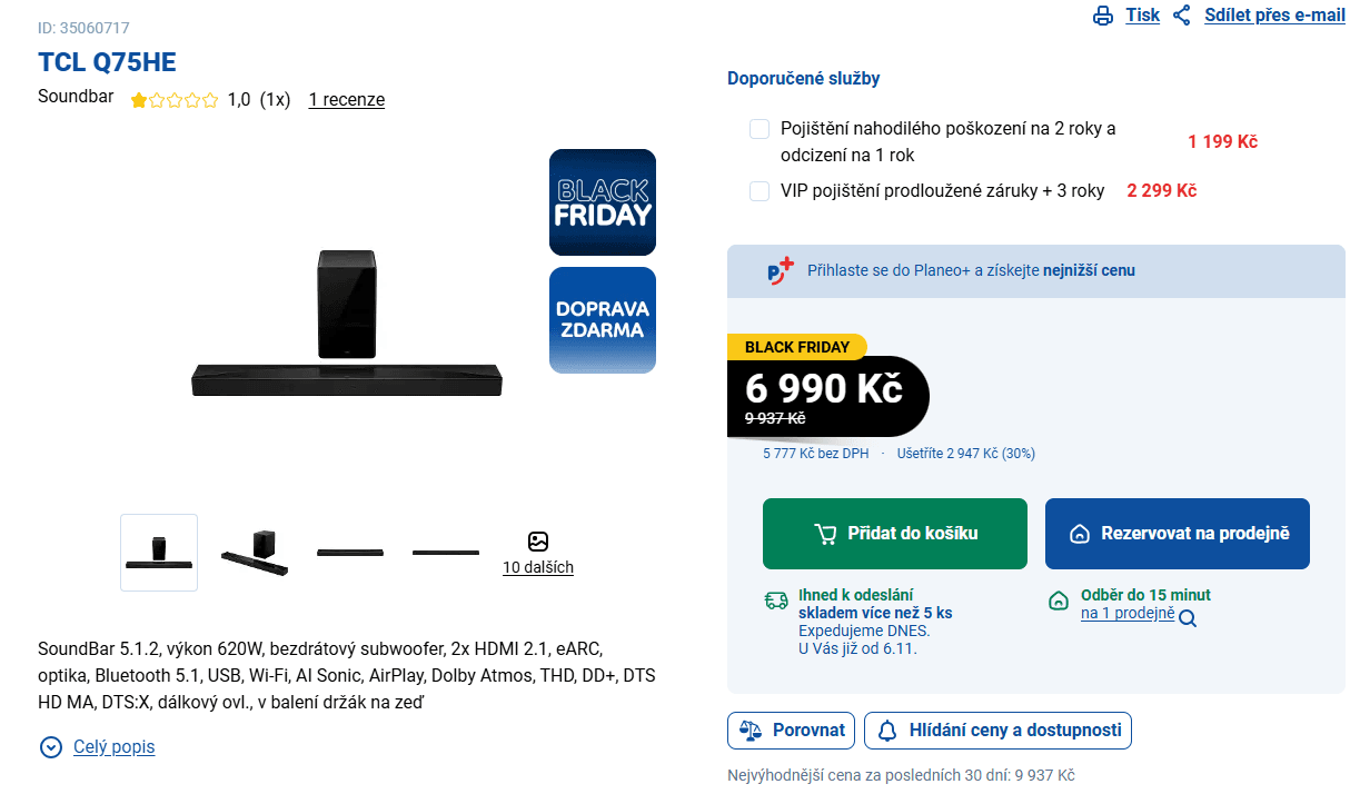 Soundbar TCL 5.1, 620 W, subwoofer