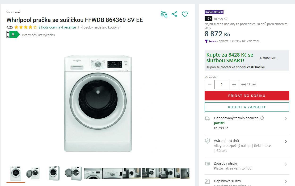 Pračka / Sušička Whirlpool 8/6kg, 1400ot., pára