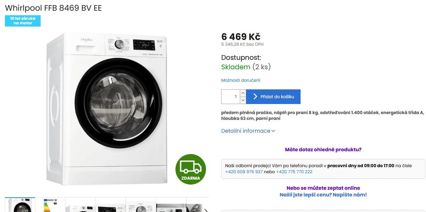 Pračka Whirlpool, 8 kg, A, 1400 ot/min