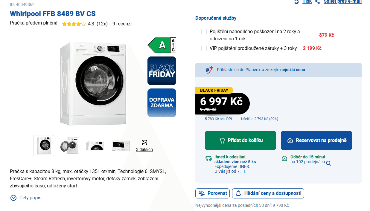 Parní pračka Whirlpool, 8 kg, 1400 ot., A